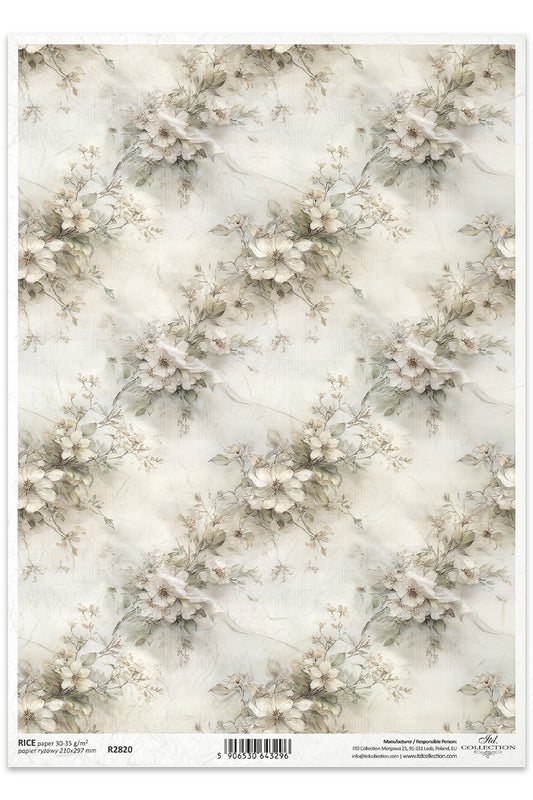 Floral patterned paper with a marble effect on a white background