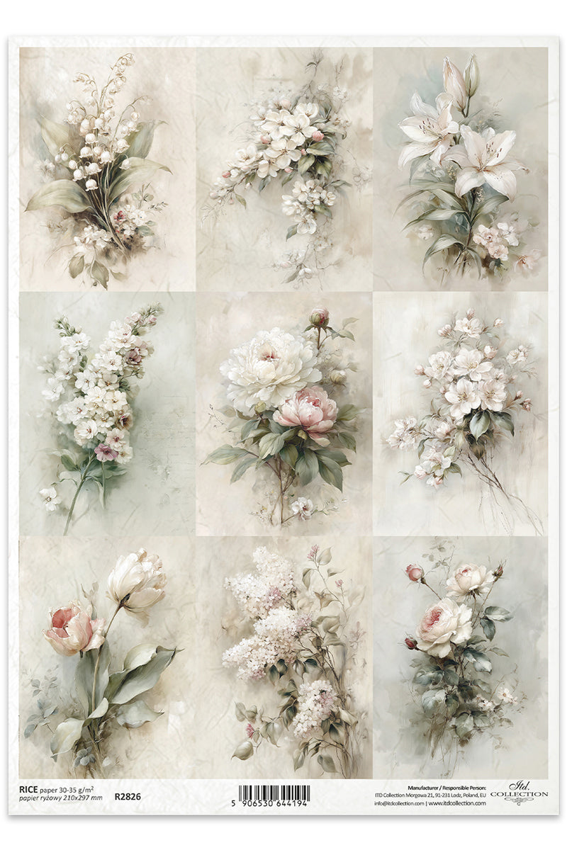 Sheet of floral designs with various arrangements on a light background