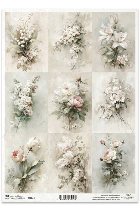 Sheet of floral designs with various arrangements on a light background