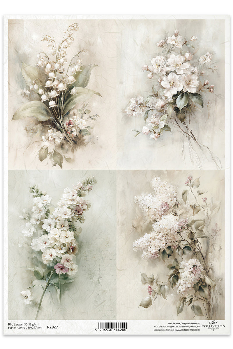 Sheet of floral designs with white and green flowers on a textured beige background.