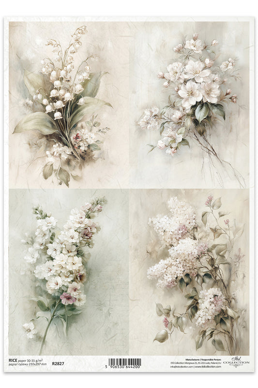 Sheet of floral designs with white and green flowers on a textured beige background.