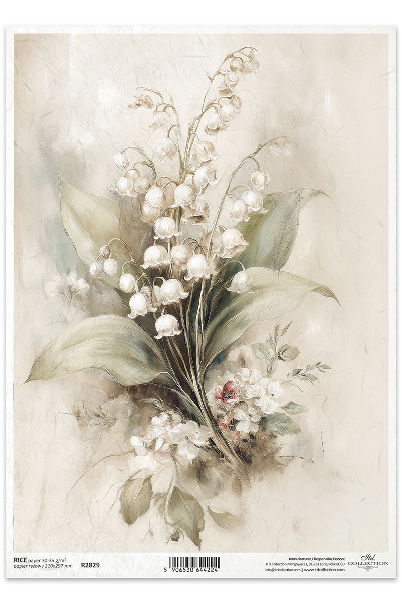 Decorative paper with floral design featuring white flowers and green leaves on a beige background.