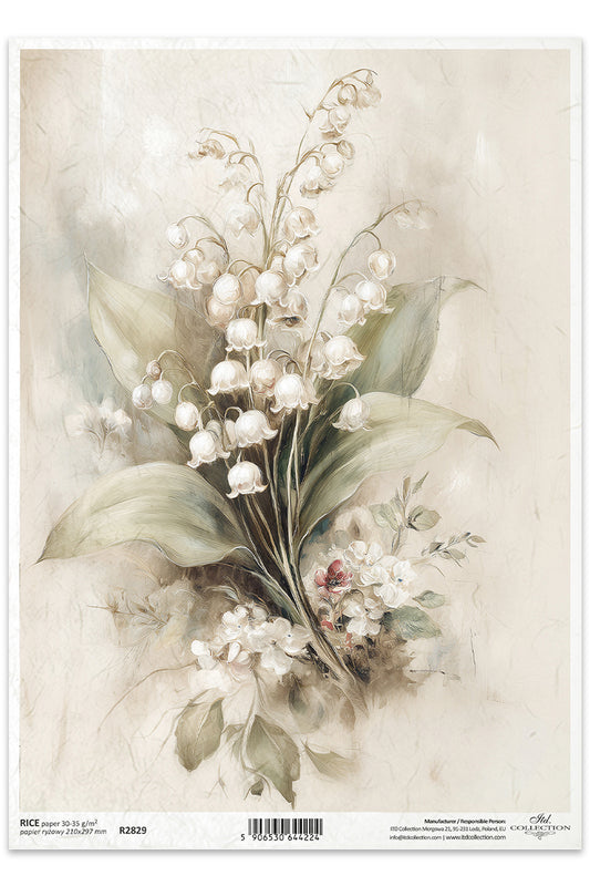 Decorative paper with floral design featuring white flowers and green leaves on a beige background.