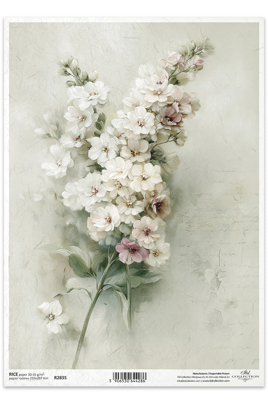 Floral arrangement with white flowers on a textured beige background