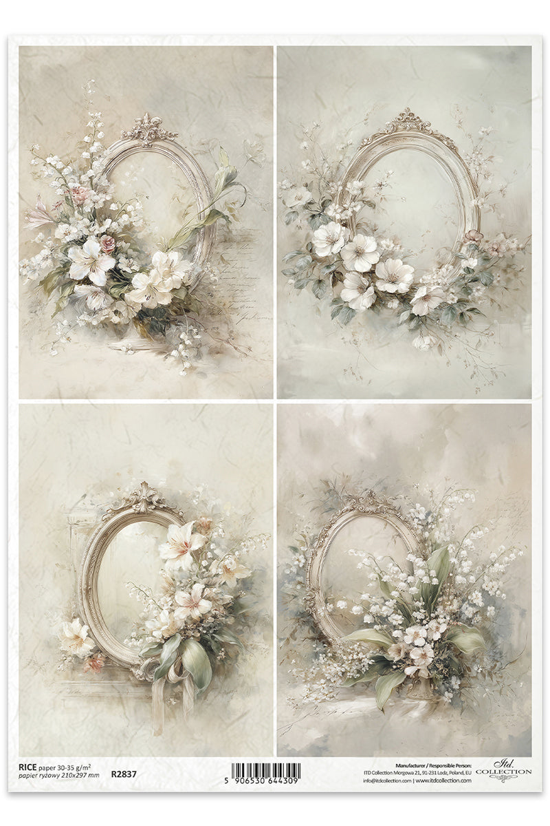 Four identical panels of a decorative design with floral wreaths and frames on a textured beige background.