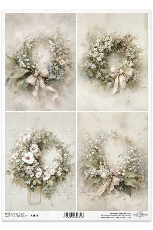 Four floral wreath designs on a textured background with a bow.