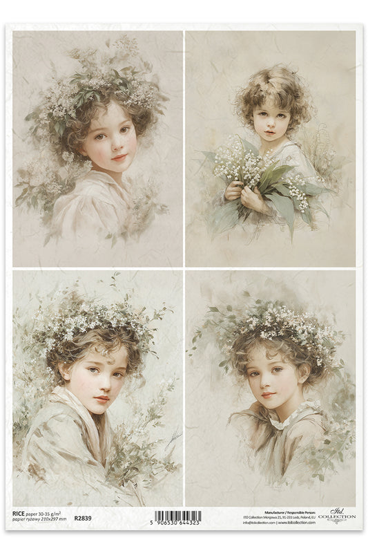 Set of four vintage-style portraits of a young girl with floral wreaths and bouquets.