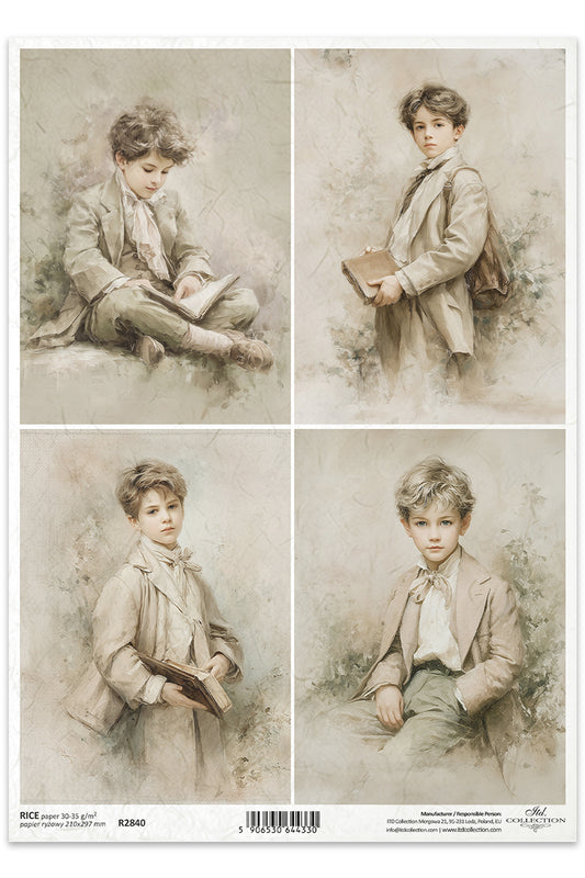 Set of four vintage-style portraits of a young boy in different poses with books.