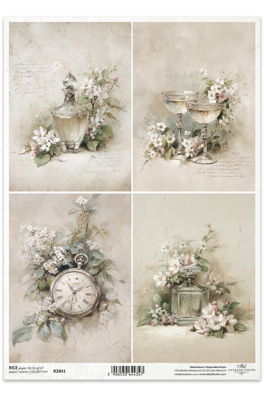 Set of four decorative images featuring floral arrangements and vintage items on a textured background.