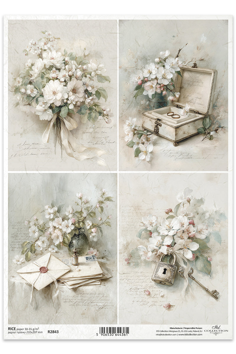 Set of four decorative images featuring flowers, a jewelry box, letters, and a key on a light background.