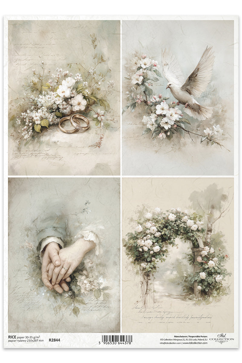 Set of four romantic-themed images with flowers, doves, and hands holding rings.