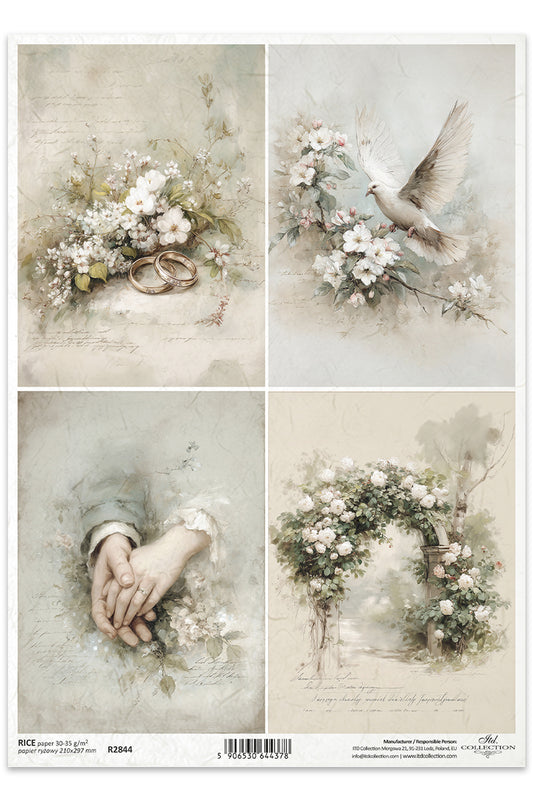 Set of four romantic-themed images with flowers, doves, and hands holding rings.