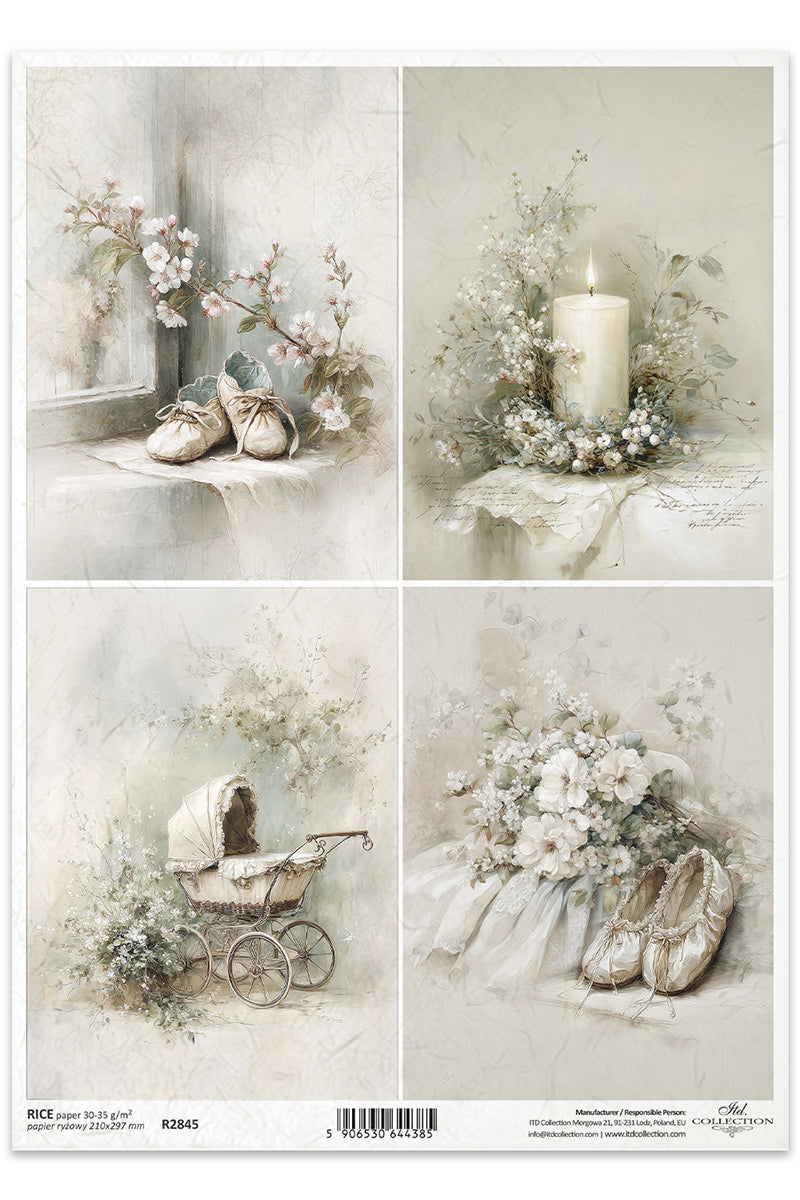 Set of four vintage-style images featuring baby shoes, flowers, and a pram on a soft, textured background.
