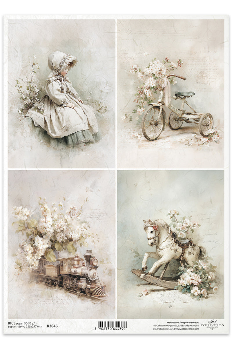 Set of four vintage-style illustrations featuring a child, tricycle, toy train, and horse with flowers on a textured background.
