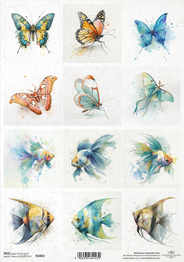 Sheet of butterfly and fish illustrations on rice paper.