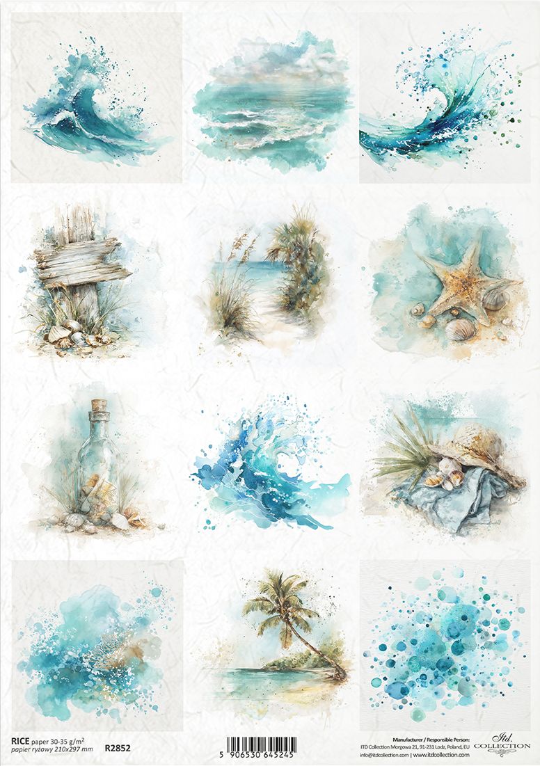 Set of decorative paper sheets with ocean-themed illustrations on a white background.
