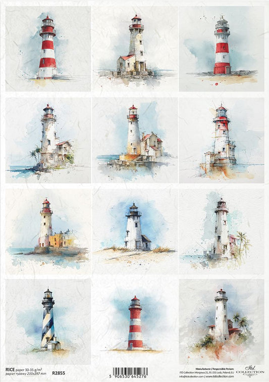 Collection of watercolor lighthouse illustrations on a white background