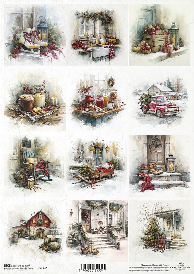 A sheet of 12 watercolour-style Christmas-themed paper designs featuring cozy winter scenes, including a boot, table setting, rustic truck, lanterns, porch lights, and holiday decorations. 