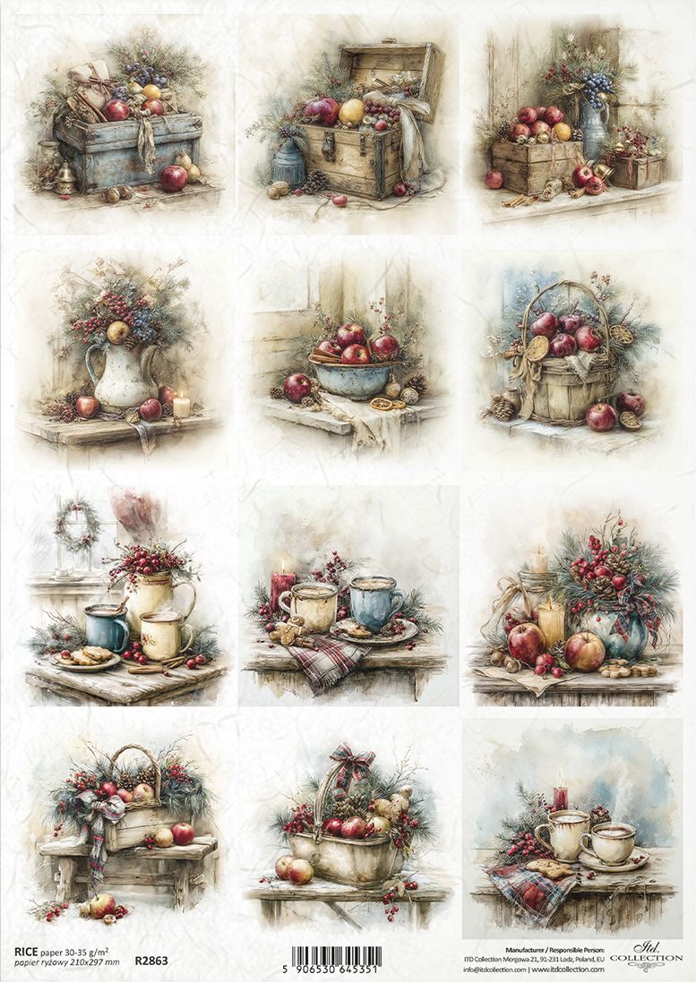 A sheet of decorative paper featuring 12 vintage-style still life illustrations with fruit baskets, flowers, teacups, and rustic containers in soft muted colours.