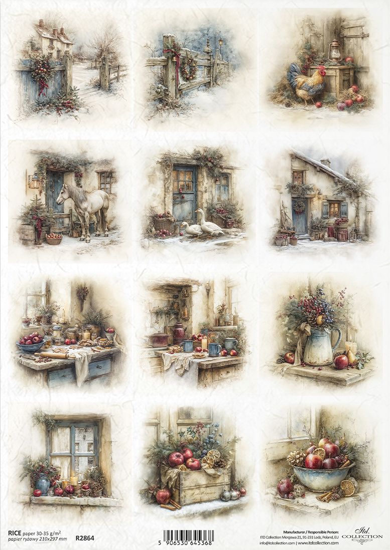 A sheet of decorative paper featuring twelve rustic watercolor illustrations arranged in a grid. The designs include snowy outdoor scenes, a horse, swans, cabins, still life tables, and fruit arrangements in bowls and vases.