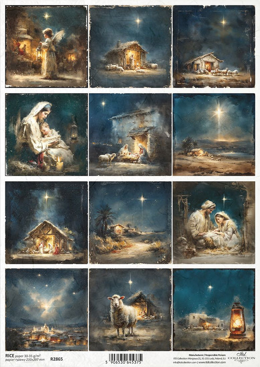 A 12-panel Christmas collage sheet featuring dark, atmospheric nativity scenes with glowing stars, a stable, Mary and baby Jesus, wise men, an angel, a sheep, and lanterns.