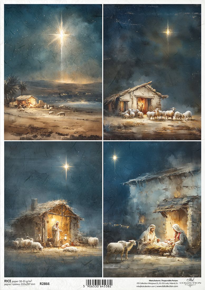 A 4-panel Christmas art print sheet, depicting the Star of Bethlehem shining over rustic stable scenes with sheep and figures under a dark starry night sky.