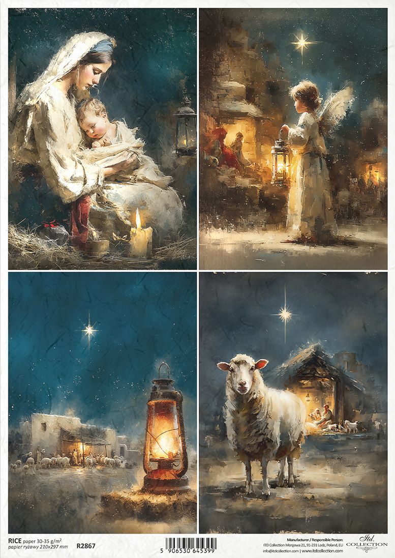 A 4-panel Christmas  decorative paper featuring a nativity scene with Mary and baby Jesus, a winged angel with a lantern, a glowing lantern in a stable, and a white sheep standing in front of a lit stable under a starry night sky.