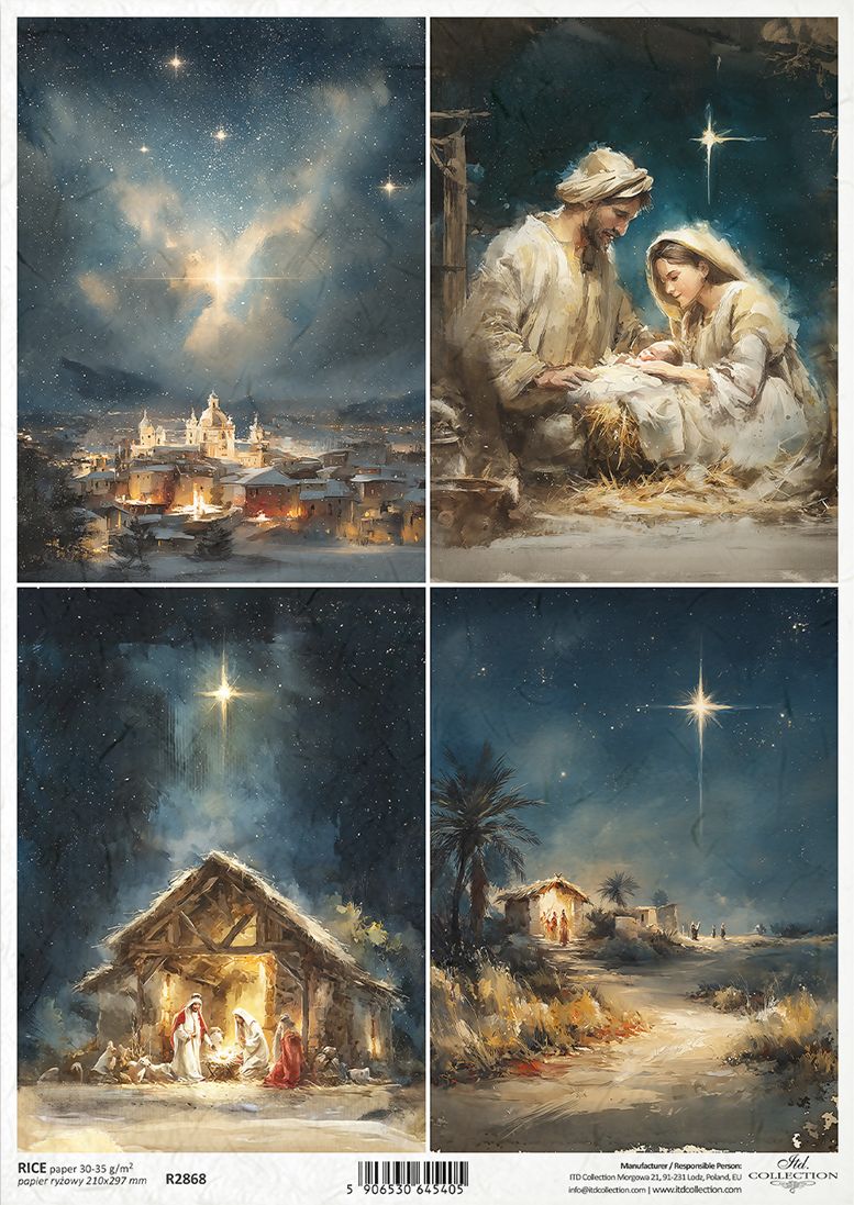 A four-panel Christmas decorative sheet featuring painted scenes: a starry Bethlehem city, Mary and Joseph with baby Jesus, a glowing stable with figures, and a starry desert path.