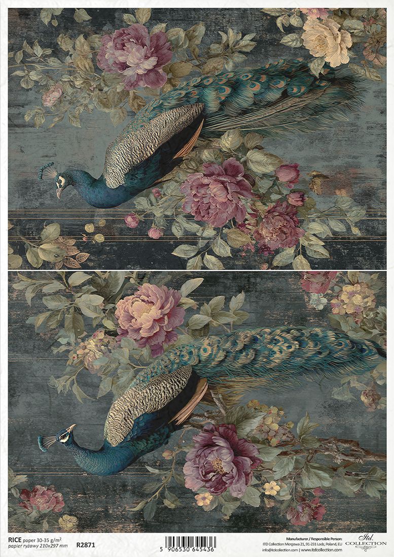 A vintage-style decorative print featuring two peacocks surrounded by large pink and cream flowers on a dark weathered wood background.