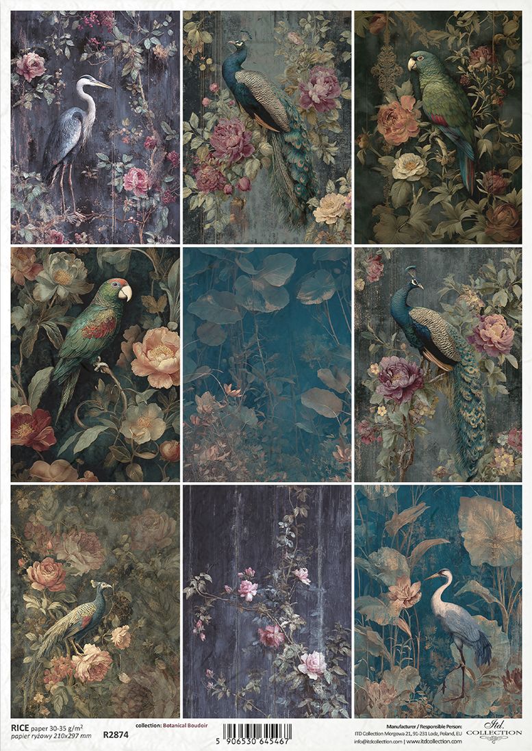 A sheet of decorative paper featuring a vintage-style nature illustrations, including peacocks, parrots, a heron, and floral backgrounds in muted blue, green, pink, and brown tones. 