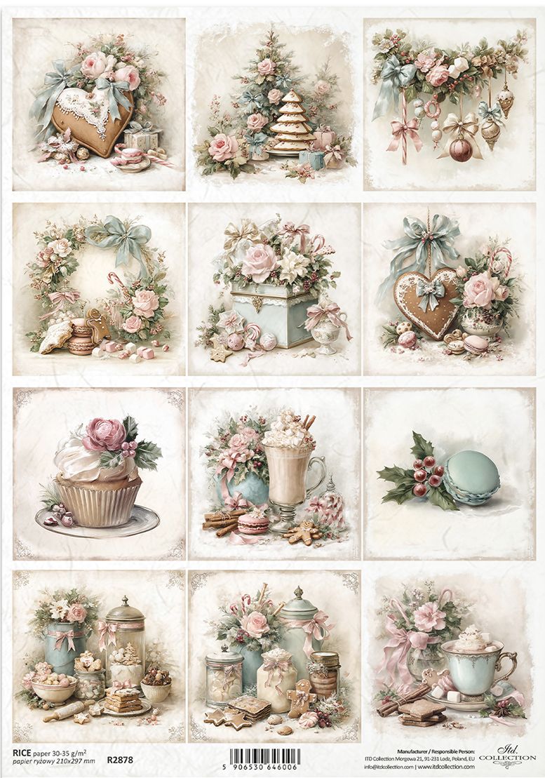 A sheet of 12 vintage-style decorative paper designs with pastel floral and pastry illustrations, including roses, cupcakes, macarons, a Christmas tree, and teacups, on a cream background.