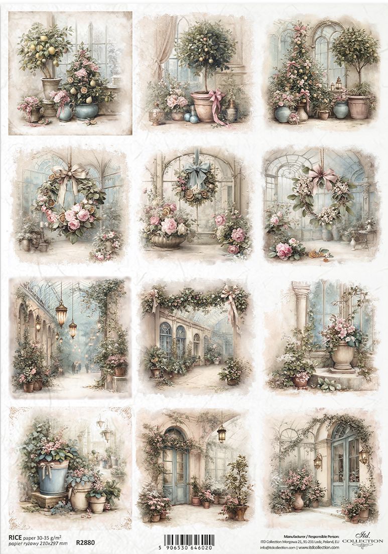 A sheet of 12 vintage-style floral and architectural decoupage designs, featuring potted plants, wreaths, and arched doorways in soft pastel colours.