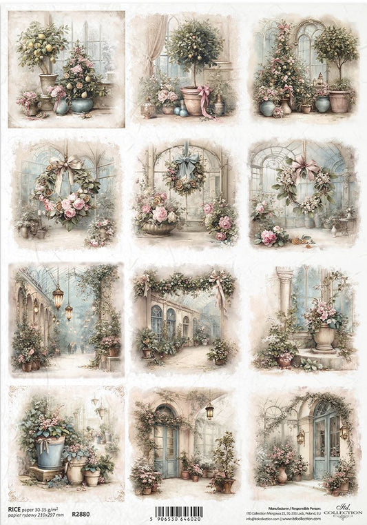 A sheet of 12 vintage-style floral and architectural decoupage designs, featuring potted plants, wreaths, and arched doorways in soft pastel colours.