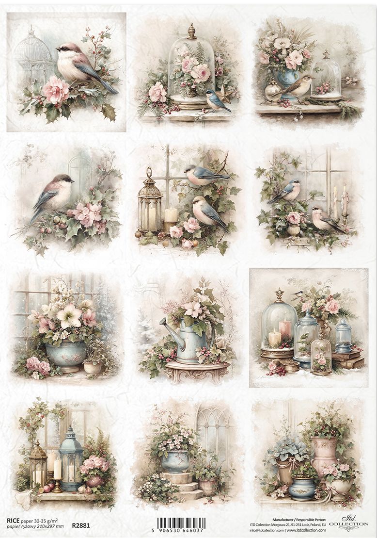 A sheet of decorative paper featuring 12 vintage-style illustrations with birds, flowers, lanterns, and small bluebird motifs in soft pastel tones on a white background.