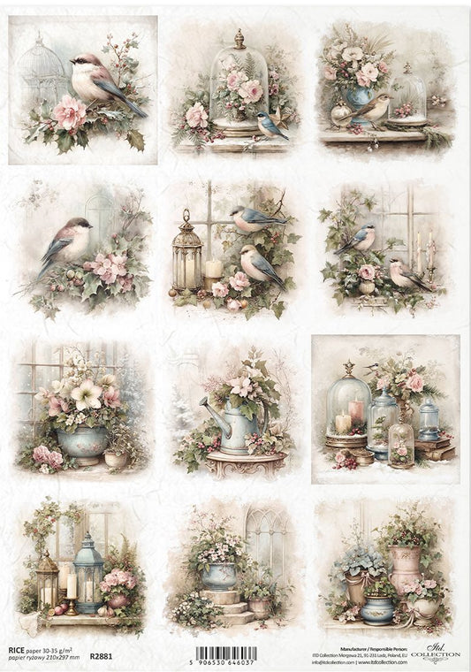A sheet of decorative paper featuring 12 vintage-style illustrations with birds, flowers, lanterns, and small bluebird motifs in soft pastel tones on a white background.