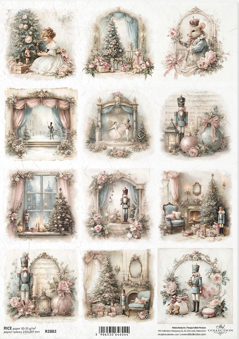 A sheet of 12 vintage-style Christmas paper cutouts or decals featuring illustrated scenes with Christmas trees, ornaments, nutcrackers, floral arches, and soft pastel tones.