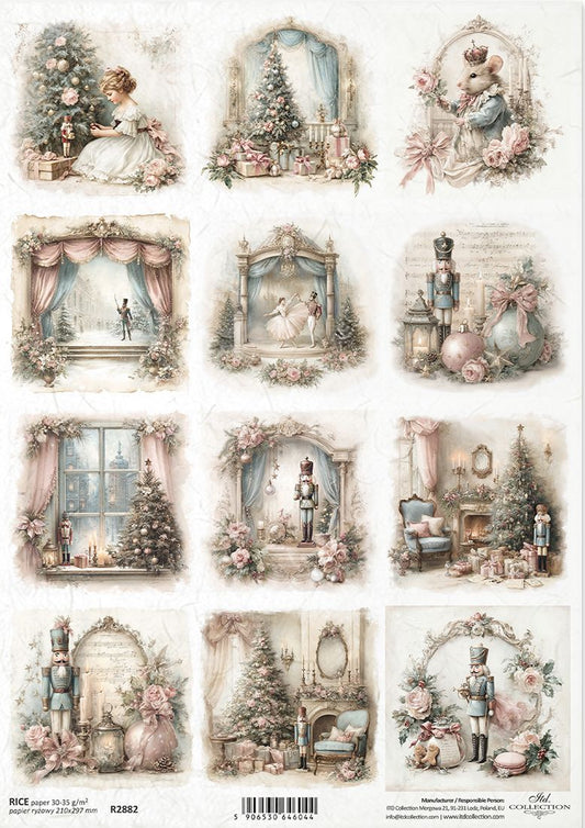 A sheet of 12 vintage-style Christmas paper cutouts or decals featuring illustrated scenes with Christmas trees, ornaments, nutcrackers, floral arches, and soft pastel tones.