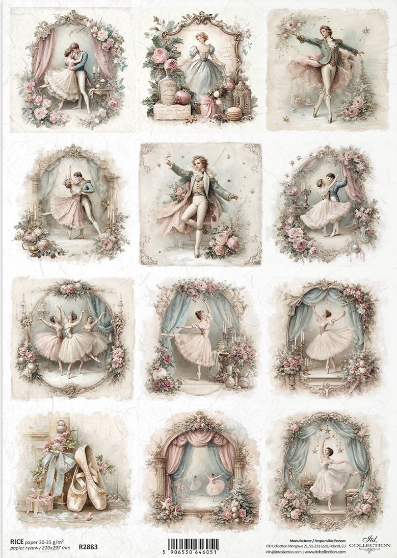 A sheet of vintage-style ballet-themed decorative designs, featuring multiple framed illustrations of ballerinas and dancers surrounded by roses, curtains, and floral frames on an off-white background.