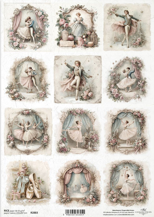 A sheet of vintage-style ballet-themed decorative designs, featuring multiple framed illustrations of ballerinas and dancers surrounded by roses, curtains, and floral frames on an off-white background.