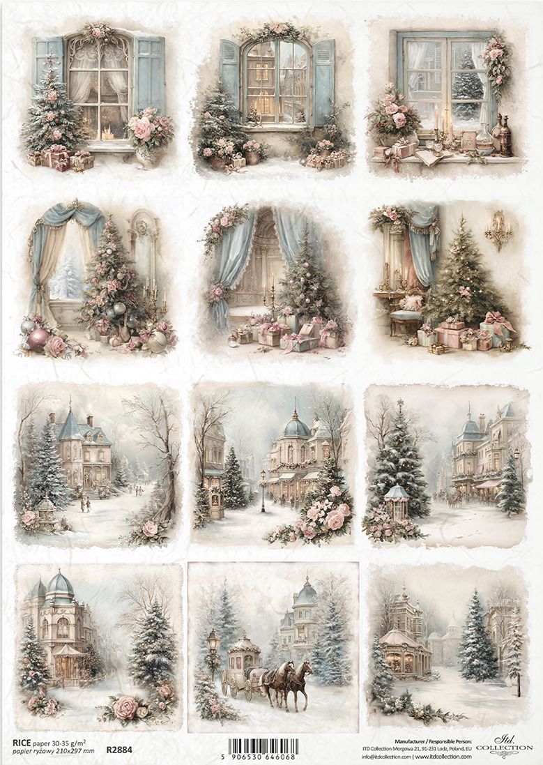 A sheet of vintage-style Christmas paper decals featuring 12 different illustrations of snowy village scenes with trees, flowers, windows, and holiday decorations.
