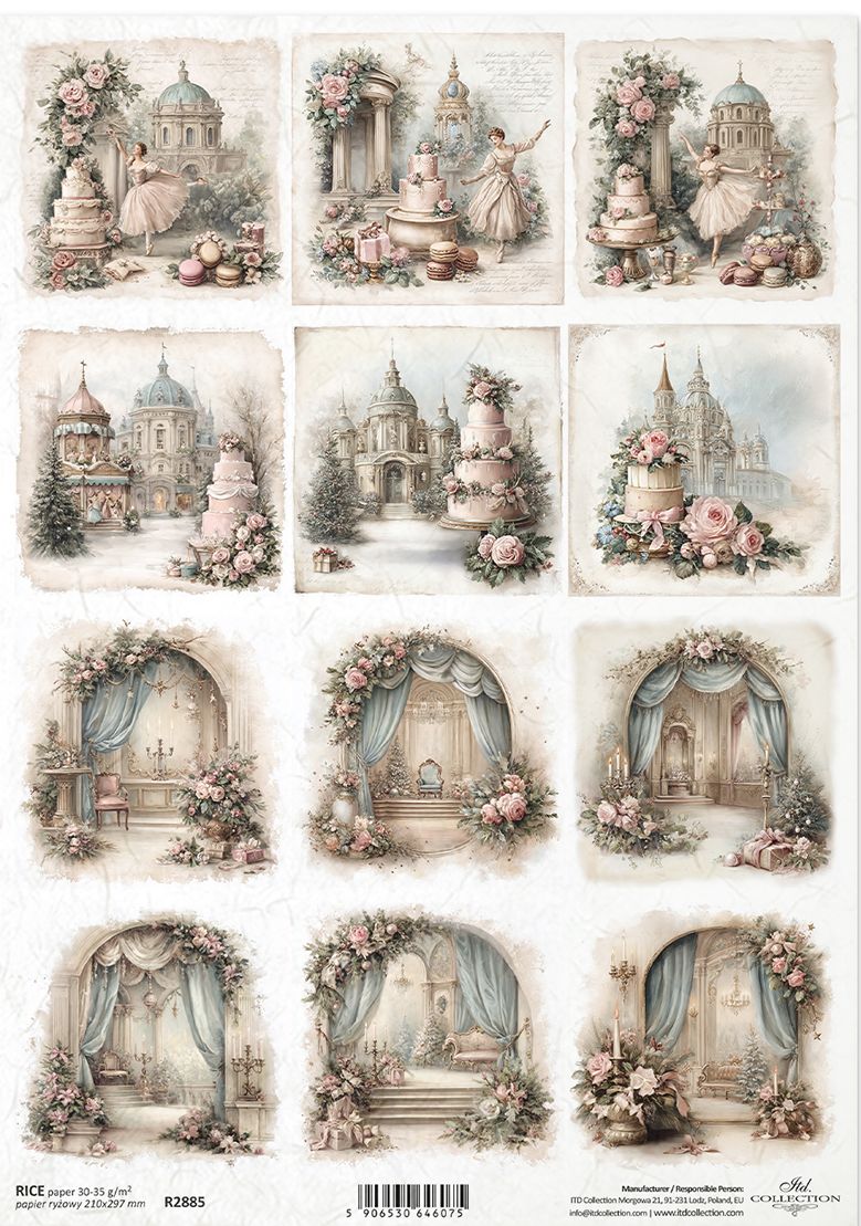 A sheet of 12 vintage-style decorative paper designs featuring romantic scenes with cakes, domed buildings, floral arches, curtains, and pastel illustrations. 