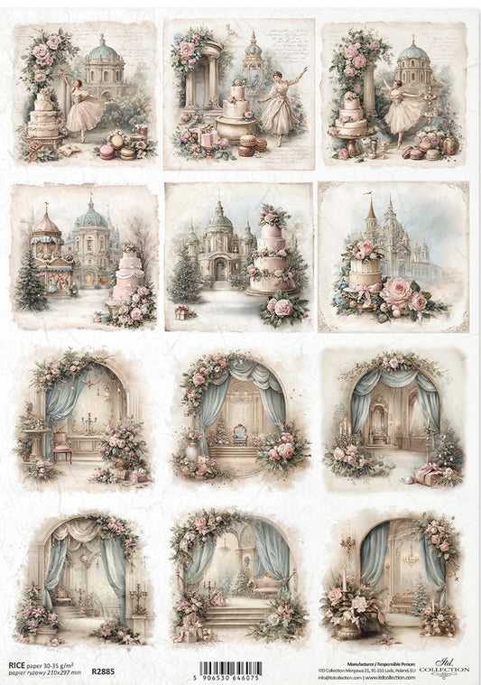 A sheet of 12 vintage-style decorative paper designs featuring romantic scenes with cakes, domed buildings, floral arches, curtains, and pastel illustrations. 