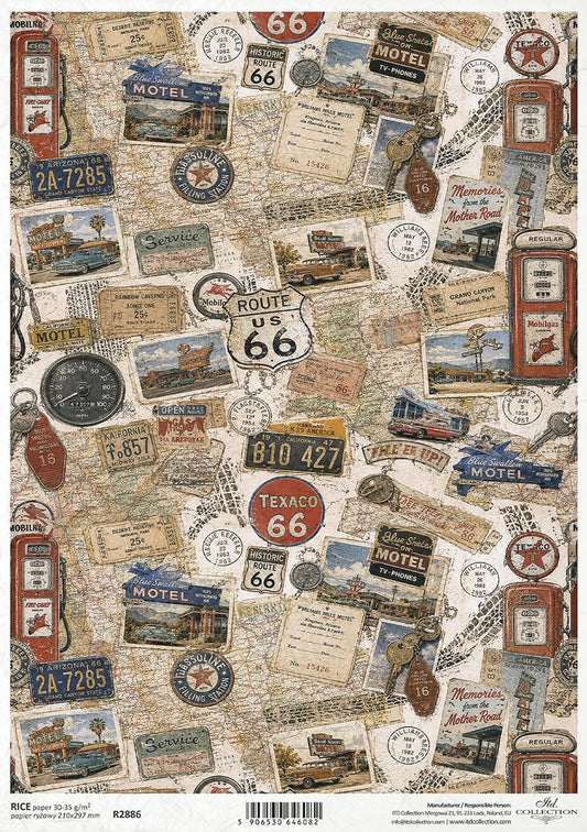 Vintage Route 66 themed paper featuring a dense collage of retro road signs, motel signs, gas station illustrations, and map details in warm beige, red, blue, and brown tones.