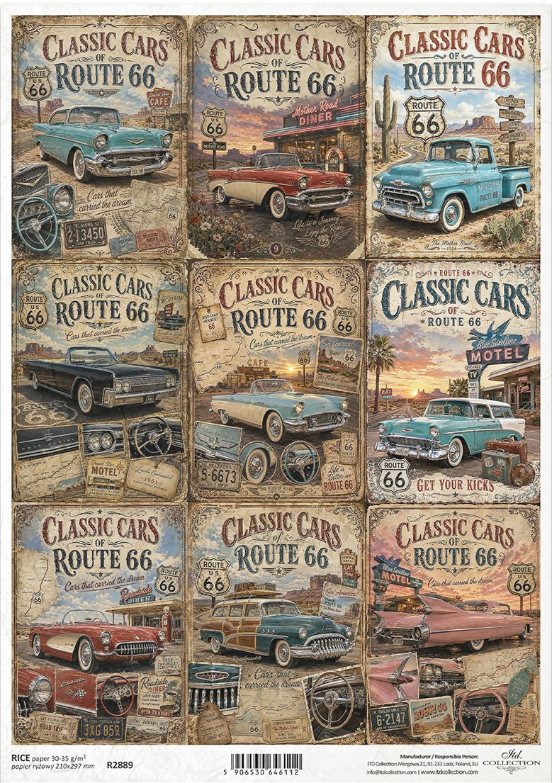 A sheet of decorative paper featuring a 3x3 grid of vintage Route 66 posters with classic cars, retro signs, and warm desert and city scenes. 