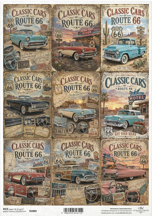 A sheet of decorative paper featuring a 3x3 grid of vintage Route 66 posters with classic cars, retro signs, and warm desert and city scenes. 