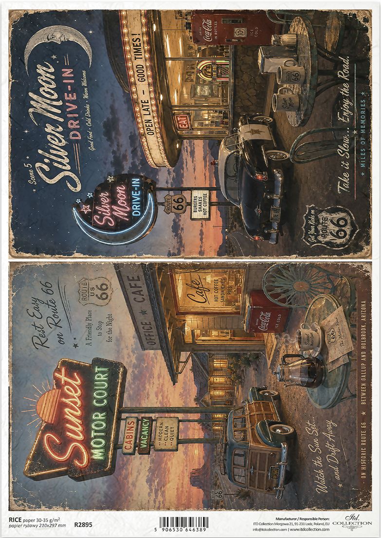 Two vintage Route 66 diner scenes featuring classic cars, retro neon signs, and nostalgic roadside charm.