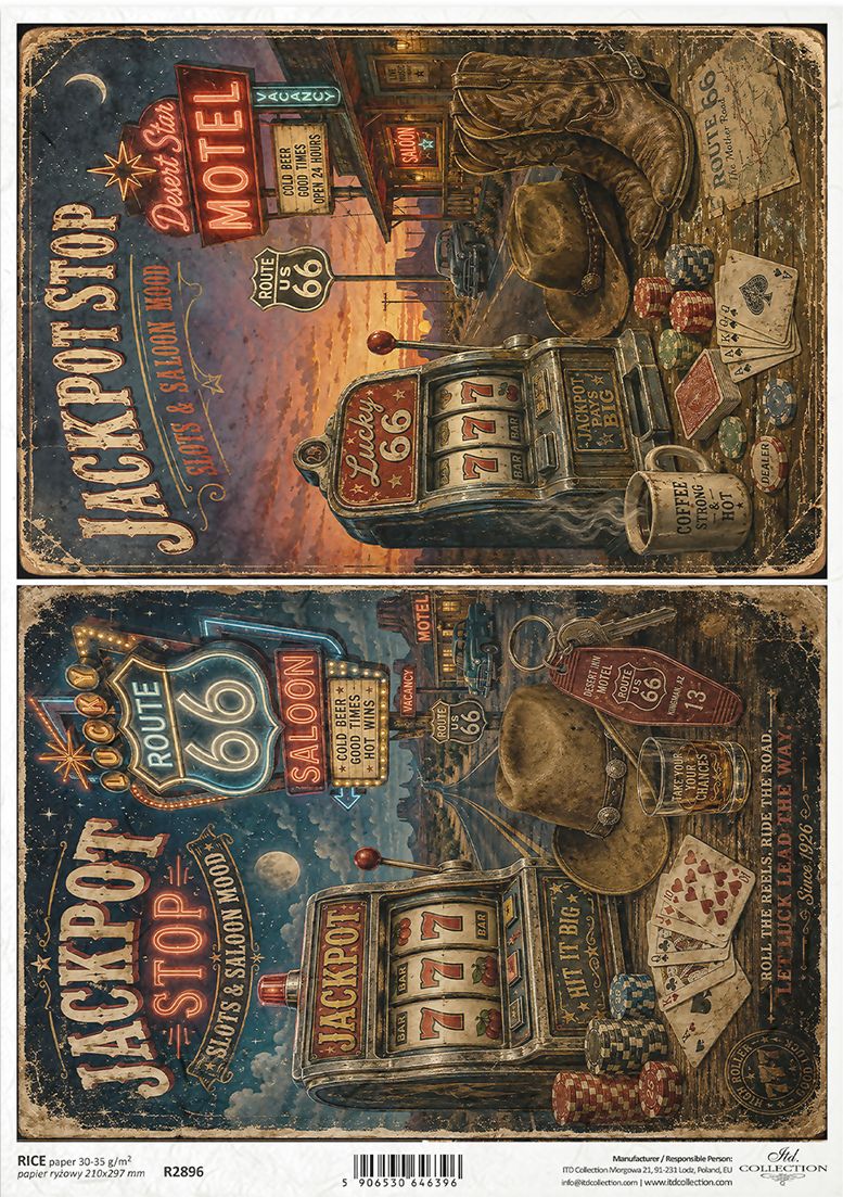 Two vintage-style Jackpot Stop saloon and motel signs with Route 66 motifs, shown stacked vertically. The signs feature illustrated elements including a cowboy boot, slot machine, cards, moon, and Route 66 signage in a distressed retro design.