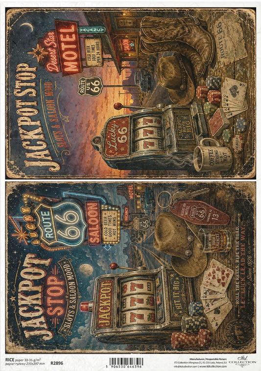 Two vintage-style Jackpot Stop saloon and motel signs with Route 66 motifs, shown stacked vertically. The signs feature illustrated elements including a cowboy boot, slot machine, cards, moon, and Route 66 signage in a distressed retro design.