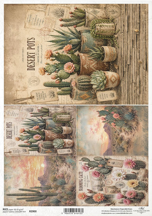 A vintage-style desert cactus and pot collage sheet with multiple printed panels showing potted cacti, flowers, maps, and desert landscapes. 
