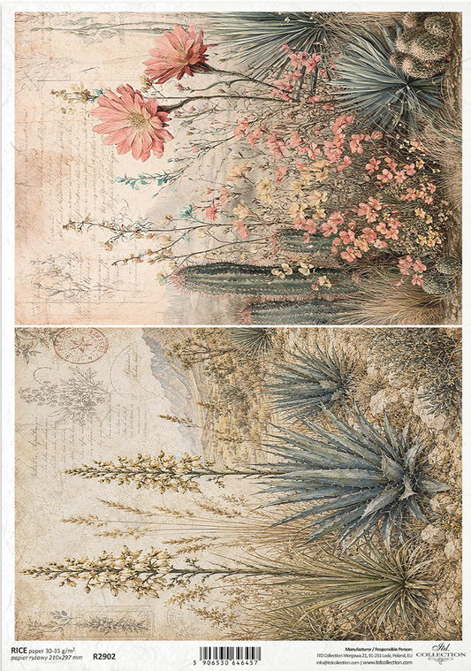 A vintage-style botanical paper design shown in two stacked rectangular panels. The top panel features pink flowers and agave leaves over a distressed beige background with faint script.